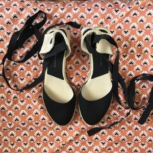 Black and beige woven ankle wrap espadrille wedges